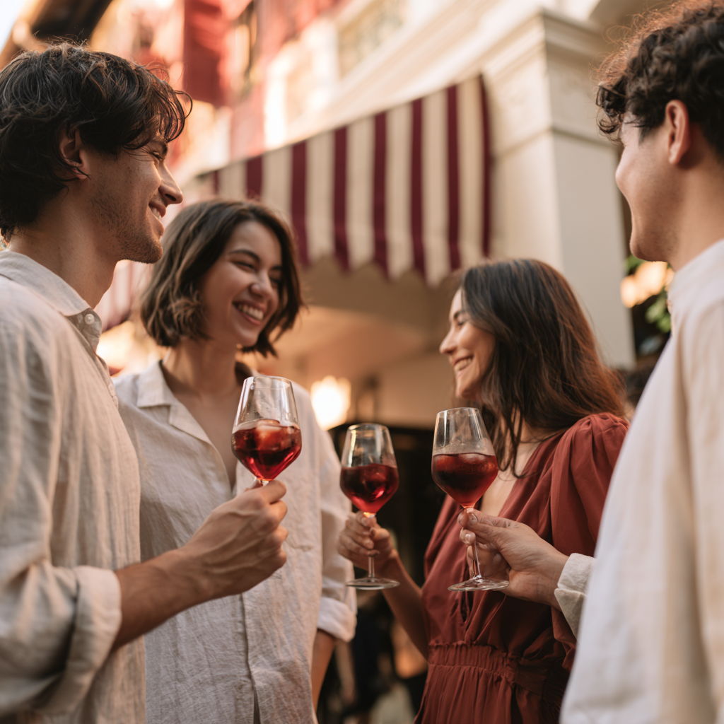 Friends enjoying ruby-red spritzes beneath a burgundy-and-ivory striped awning