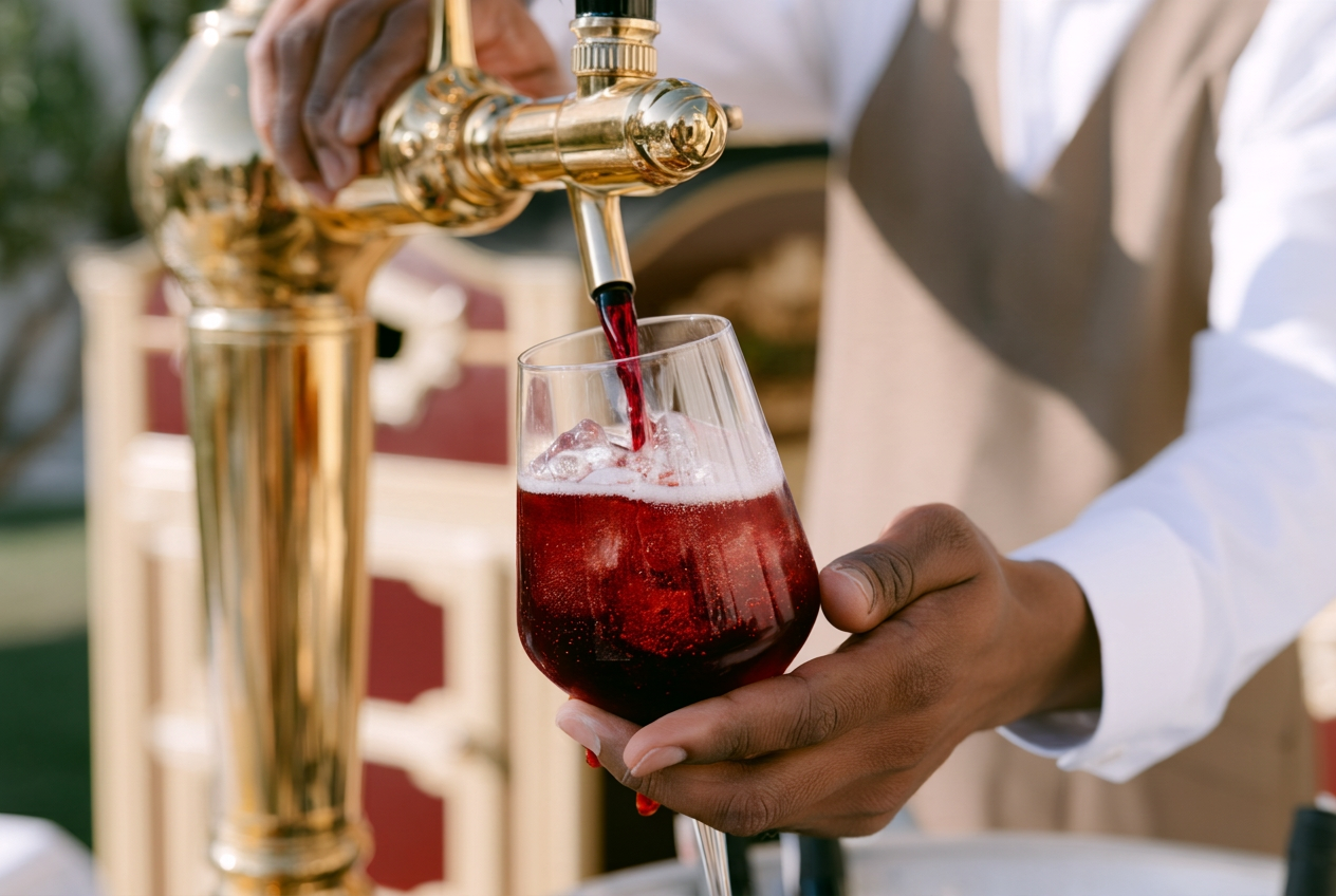 A bartender pouring a dark ruby-red spritz from a brass tap over clear ice